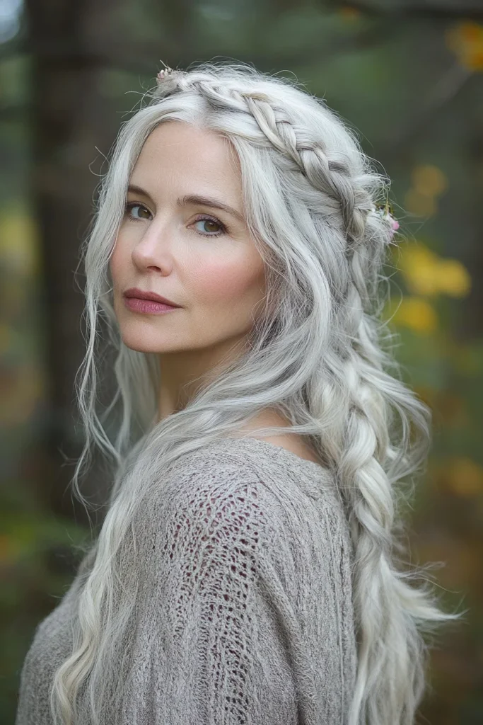 Braided Crown with Loose Hair: