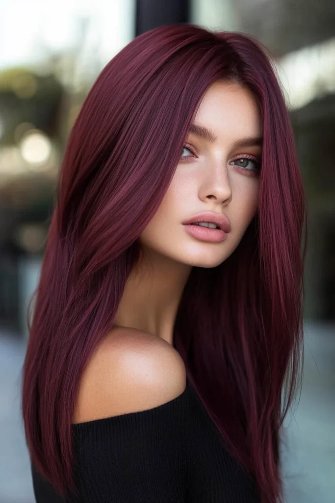 Straight Burgundy Hair with Side Part