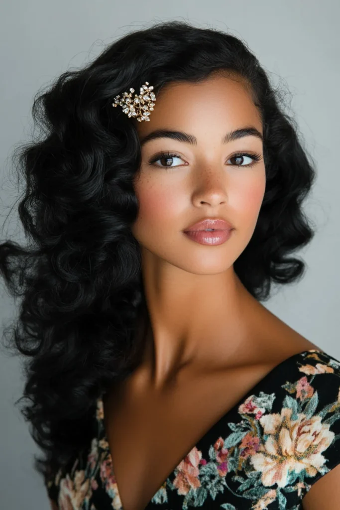 Side-Swept Curls with Sparkling Hairpins