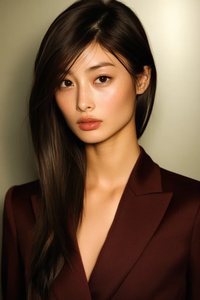 Glossy Straight Hair with a Deep Side Part