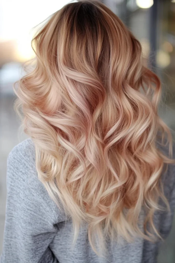 Rose Gold Balayage on Sun-Kissed Blondes