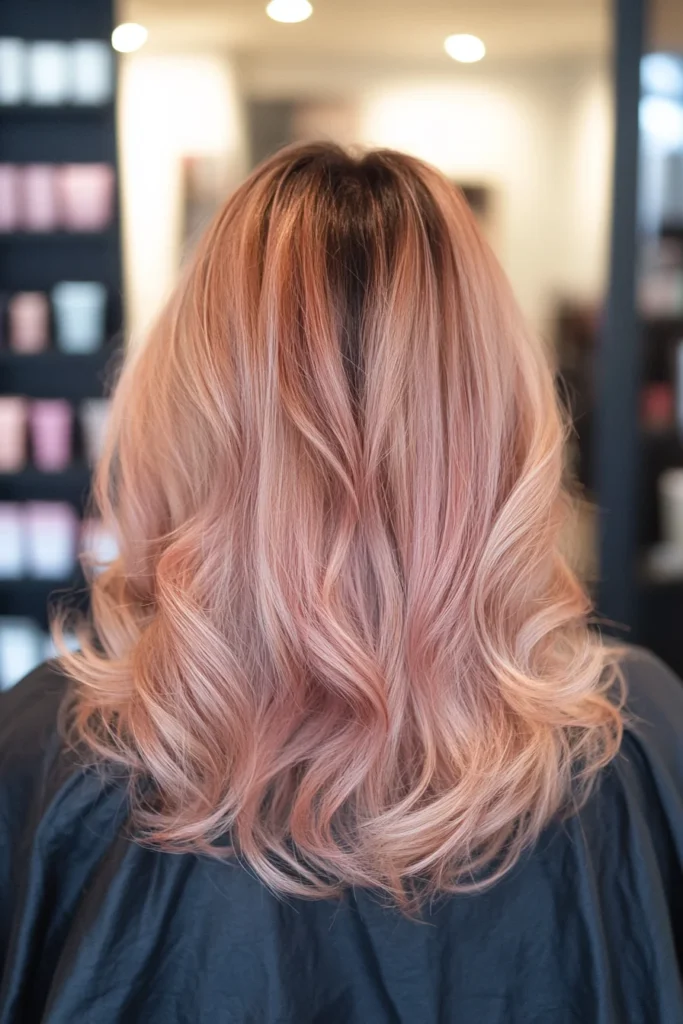 Rose Gold Balayage with Dark Shadow Roots