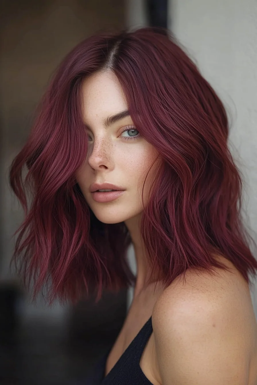 Textured Burgundy Shoulder-Length Hair