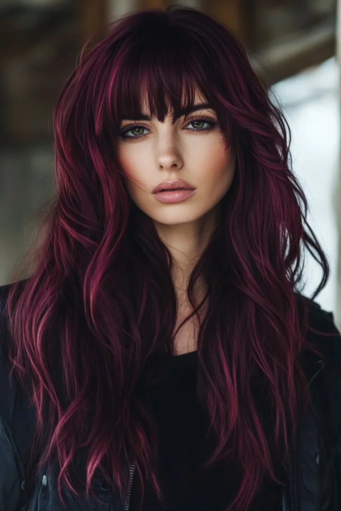 Cascading Burgundy Layers with Bangs