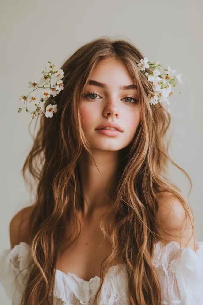 Romantic Loose Waves with Floral Accents