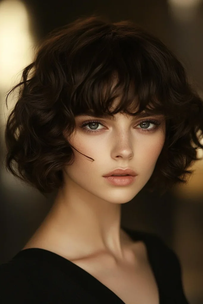 Curly French Bob with Playful Bangs