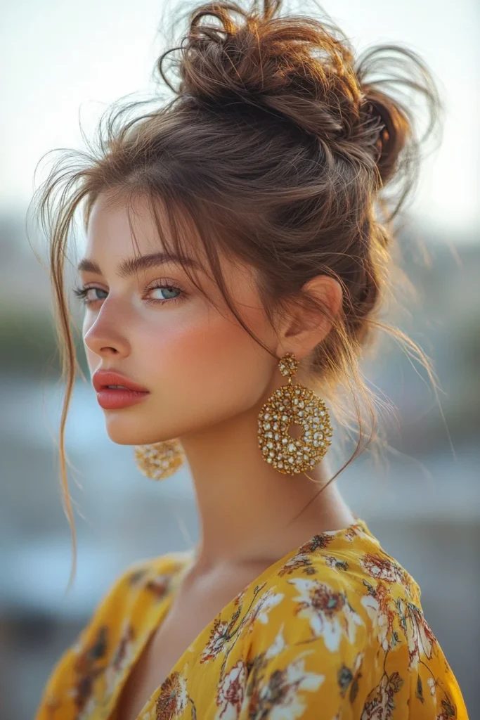 Messy Bun with Statement Earrings