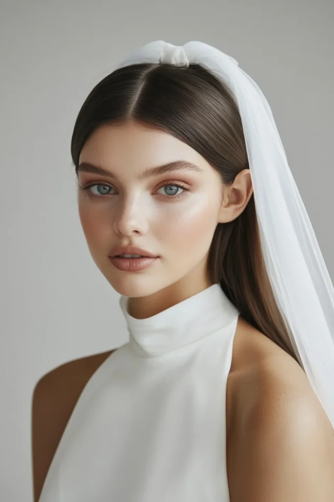 Sophisticated Sleek Ponytail with a Blusher Veil