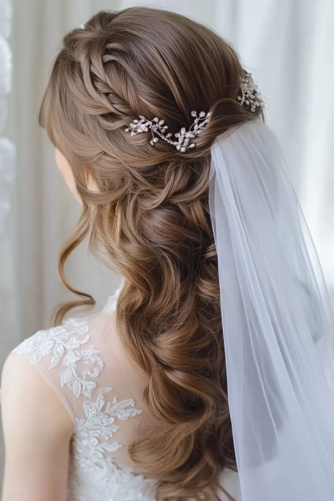 Vintage Soft Curls with a Tulle Veil