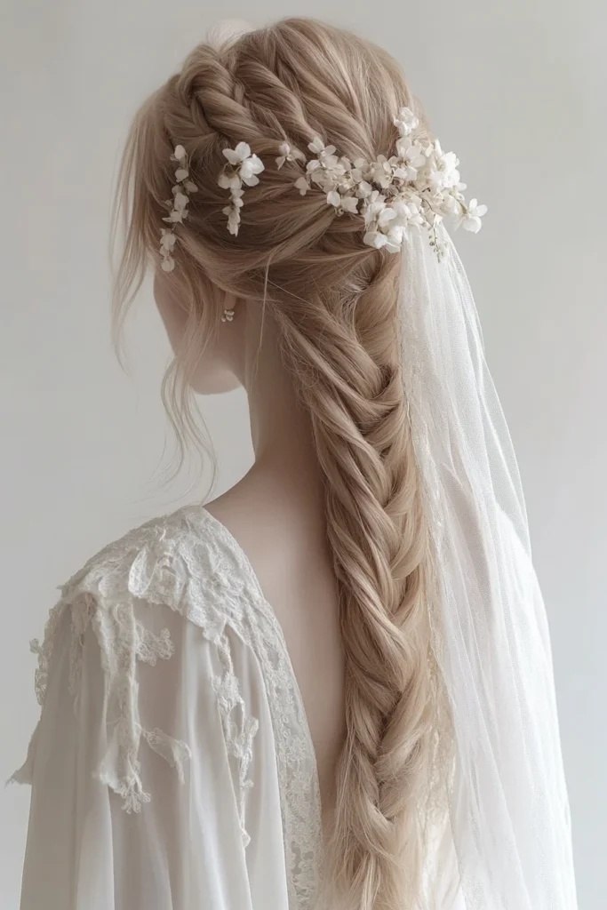 Intricate Fishtail Braid with a Floral Veil