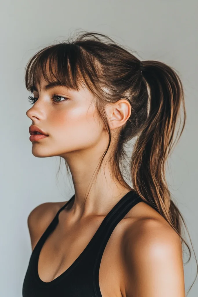 Blunt Bangs with a High Ponytail