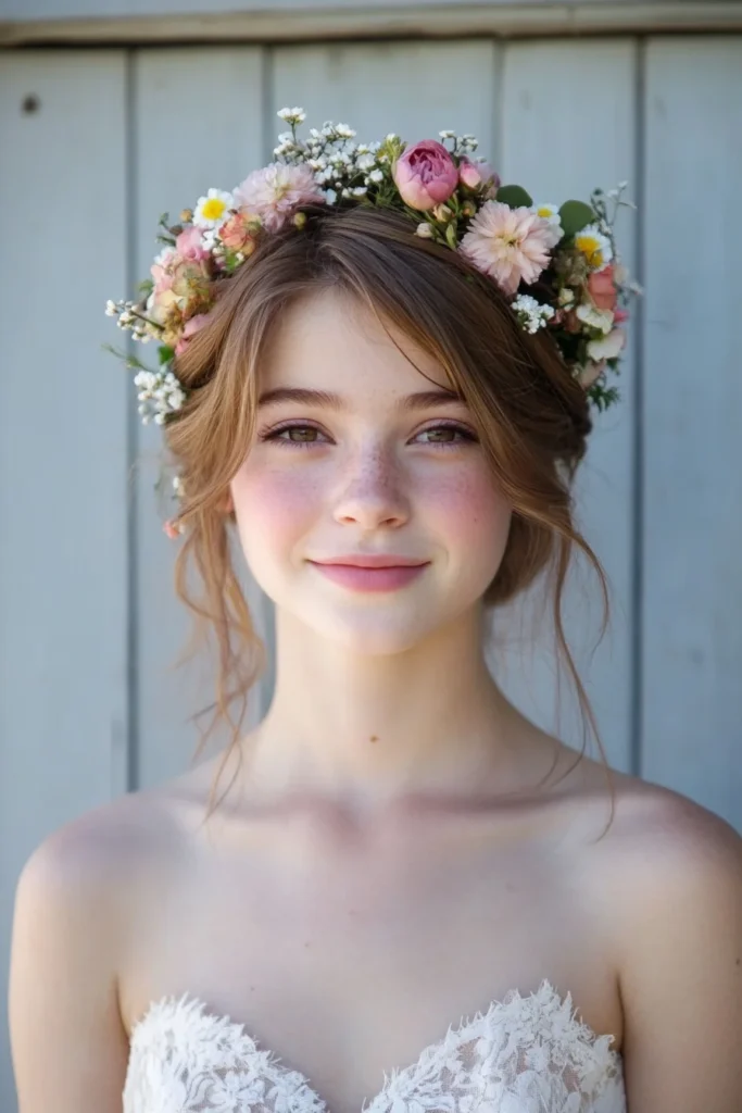 Whimsical Floral Crown with Soft Updo