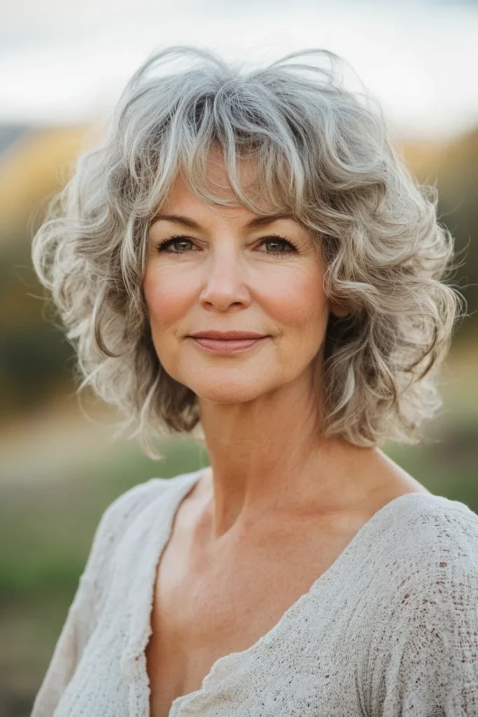 Curly Lob with Side-Swept Bangs