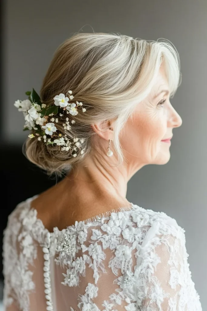 Elegant Low Chignon with Floral Accents