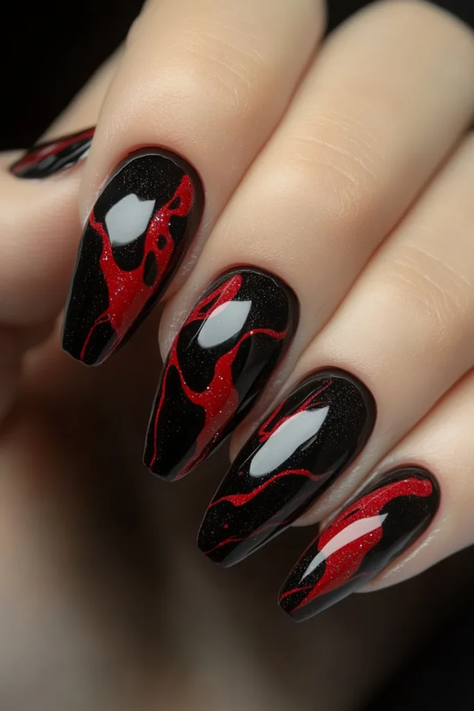 Dramatic Black Marble with Red Swirls