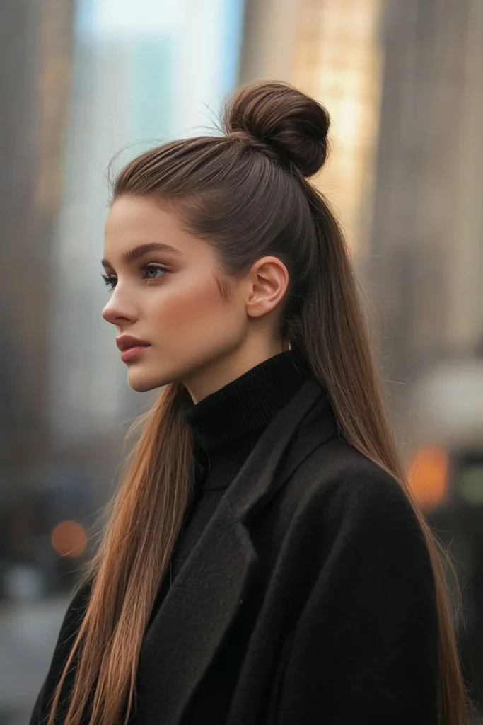 Straight Hair with a Sleek Top Knot