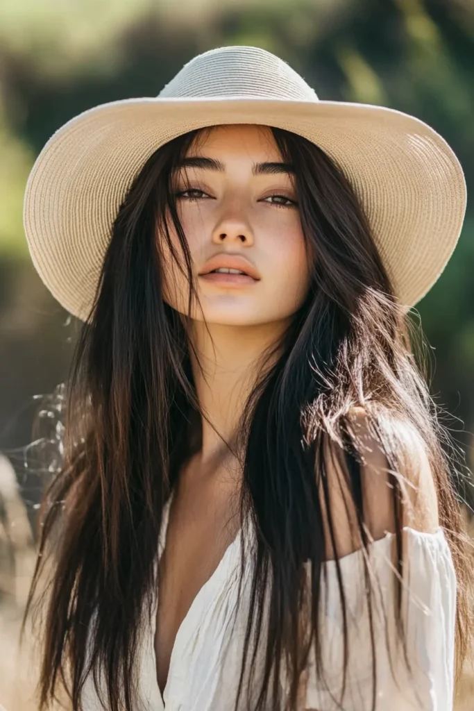 Straight Hair with a Chic Hat Accessory