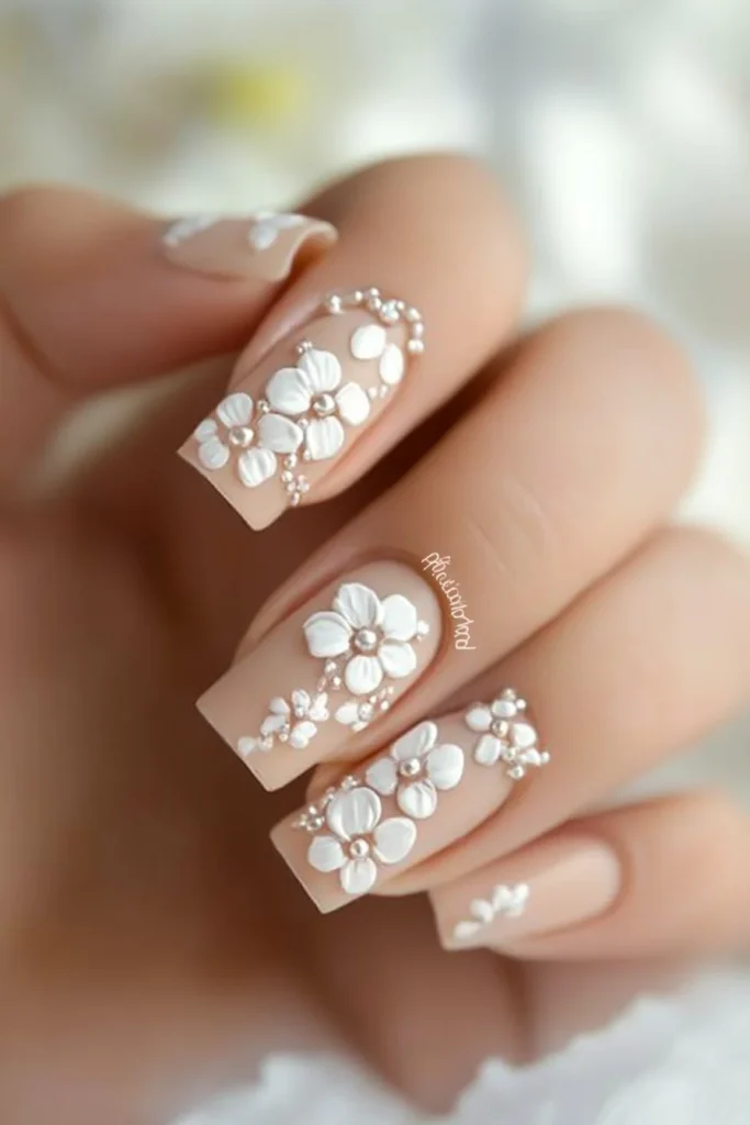 Floral Accents on Nude Nails