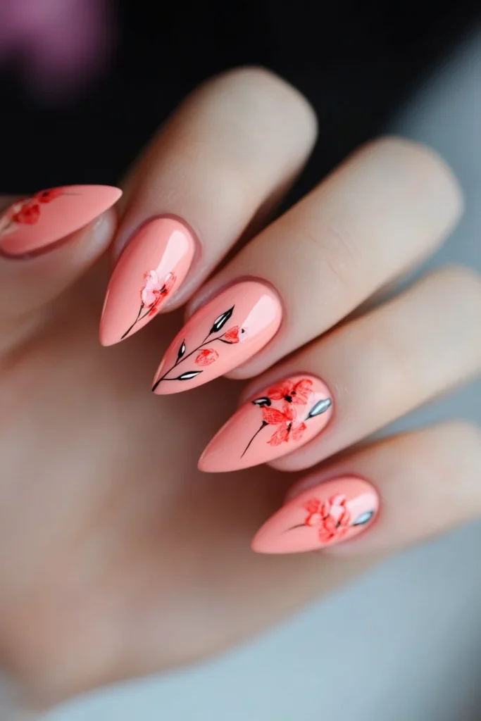 Bright Coral Almond Nails