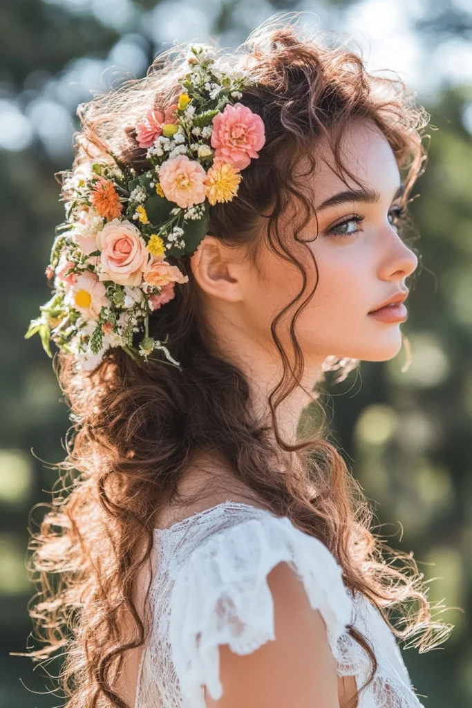 Curly Side Ponytail with Flowers