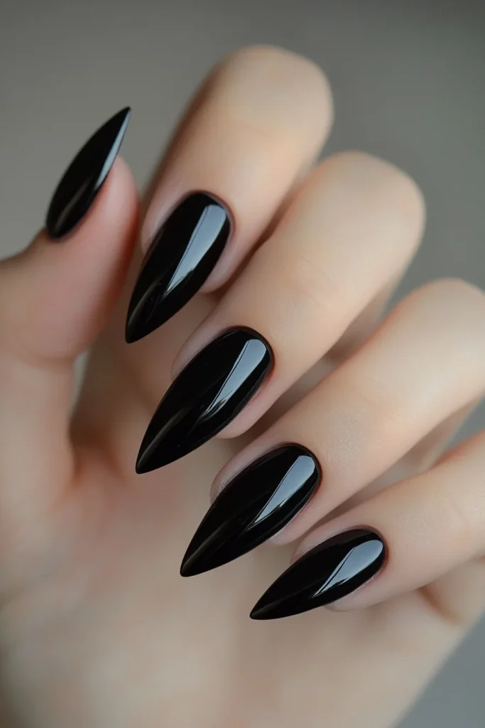 Sleek Black Almond Nails