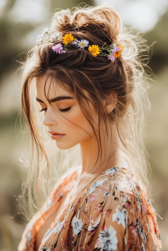 Messy Top Knot with Wildflowers