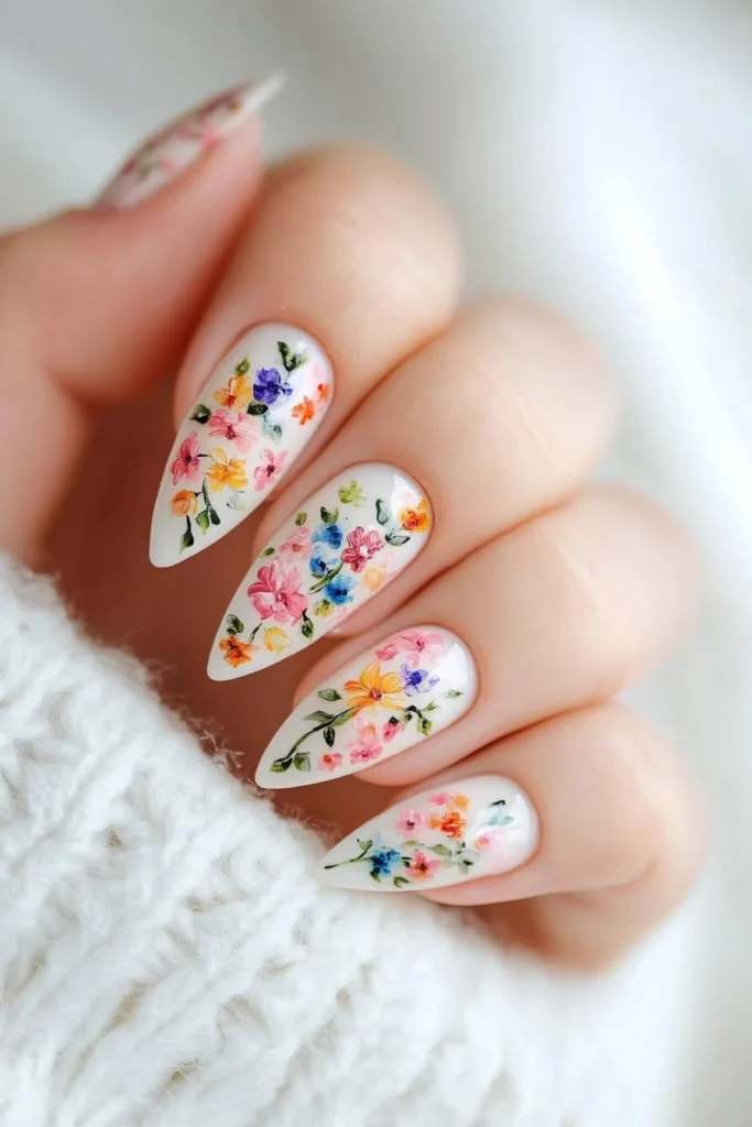 Floral Patterns on Almond Nails